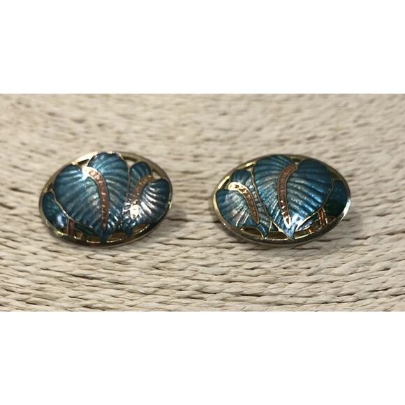 Vintage Signed SG Cloisonne Tropical Flower Botanical Earrings Enamel Gold Tone - Picture 3 of 5